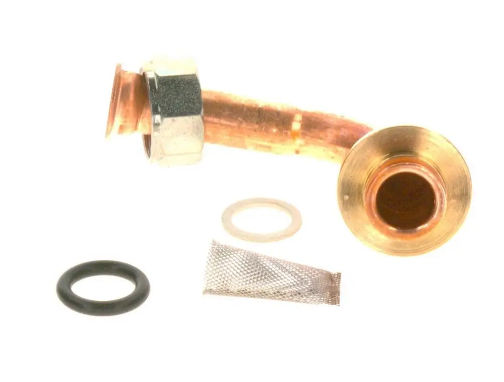 Montiertes Anschlussrohr von Bosch mit einer Kupferleitung, einem Außengewinde, einer Dichtungsunterlage, einem O-Ring und einem Netzfilter.